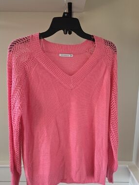 Staccato Bright Pink V-Neck Openwork Sleeve Knit Sweater